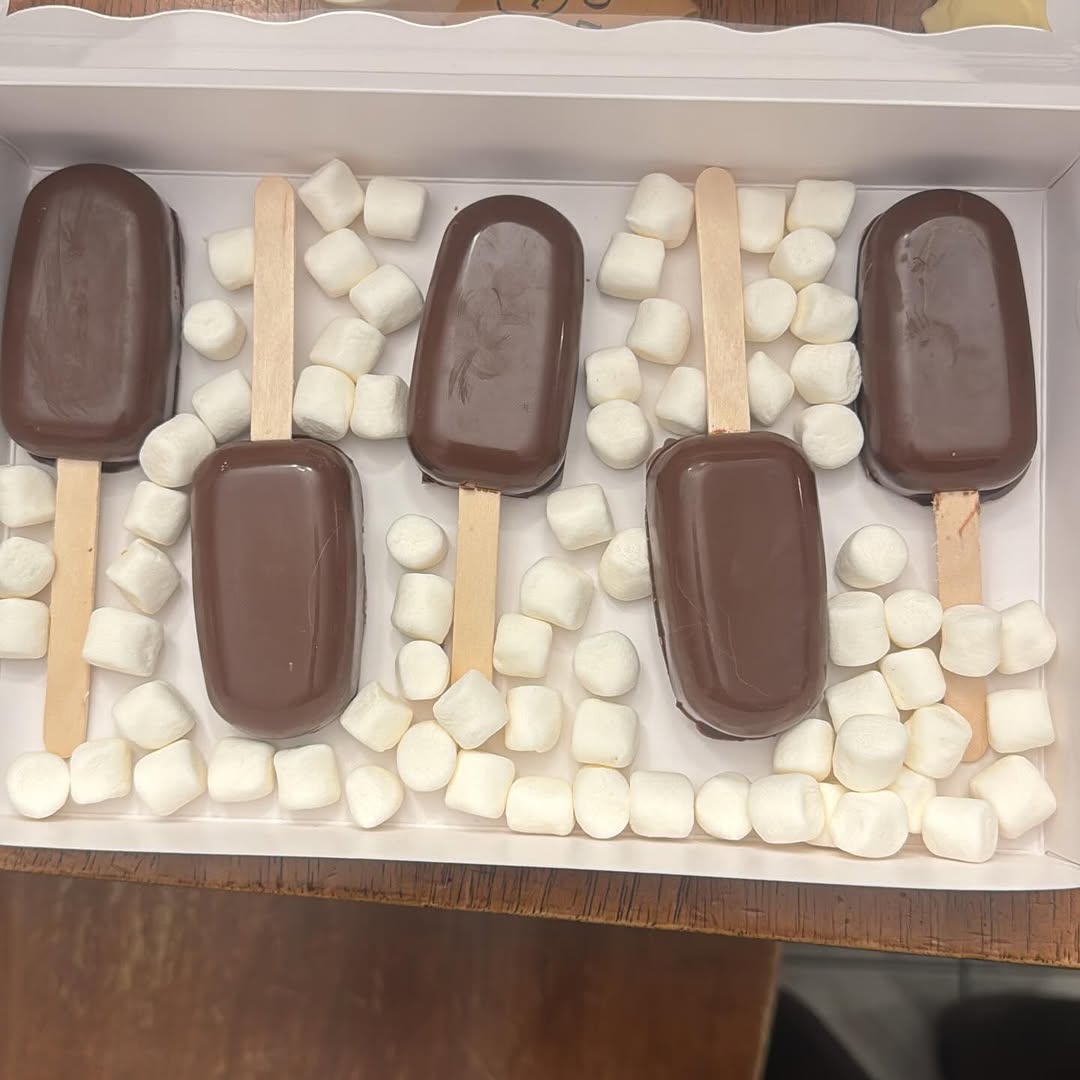 Six dark chocolate cakesicles arranged in two rows of three, with consistent glossy finish demonstrating careful chocolate tempering.